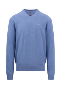 Fynch Hatton Classic V-Neck Cotton Sweater Blue