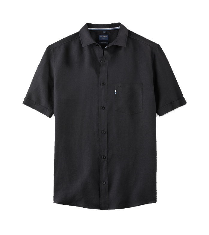 Olymp Regular Fit Linen Short Sleeve Shirt Black