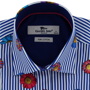 Claudio Lugli Gerbera Daisies on Stripes Shirt Navy