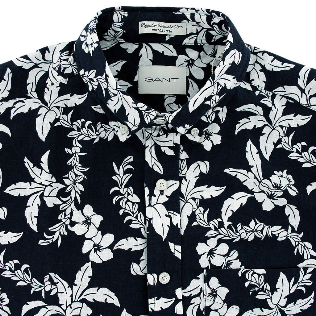 Gant Cotton Linen Palm Short Sleeve Shirt Navy