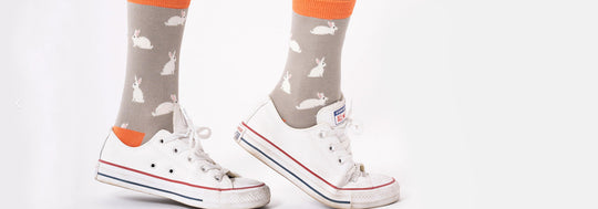 Woman wearing rabbits socks