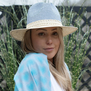 Blue Straw Fedora Hat