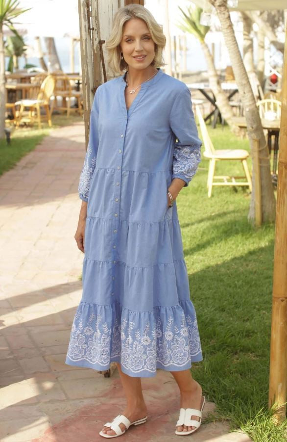 Pomodoro Chambray Tiered Dress Blue