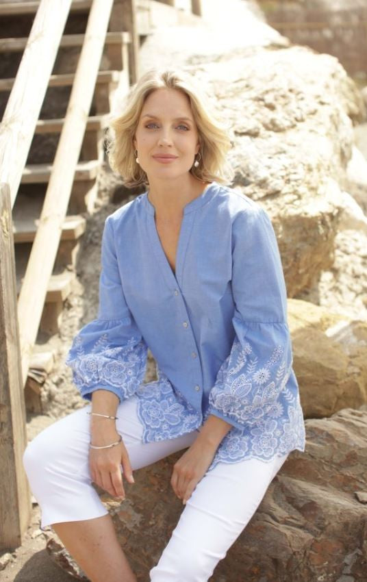 Pomodoro Chambray Embroidered Blouse Blue