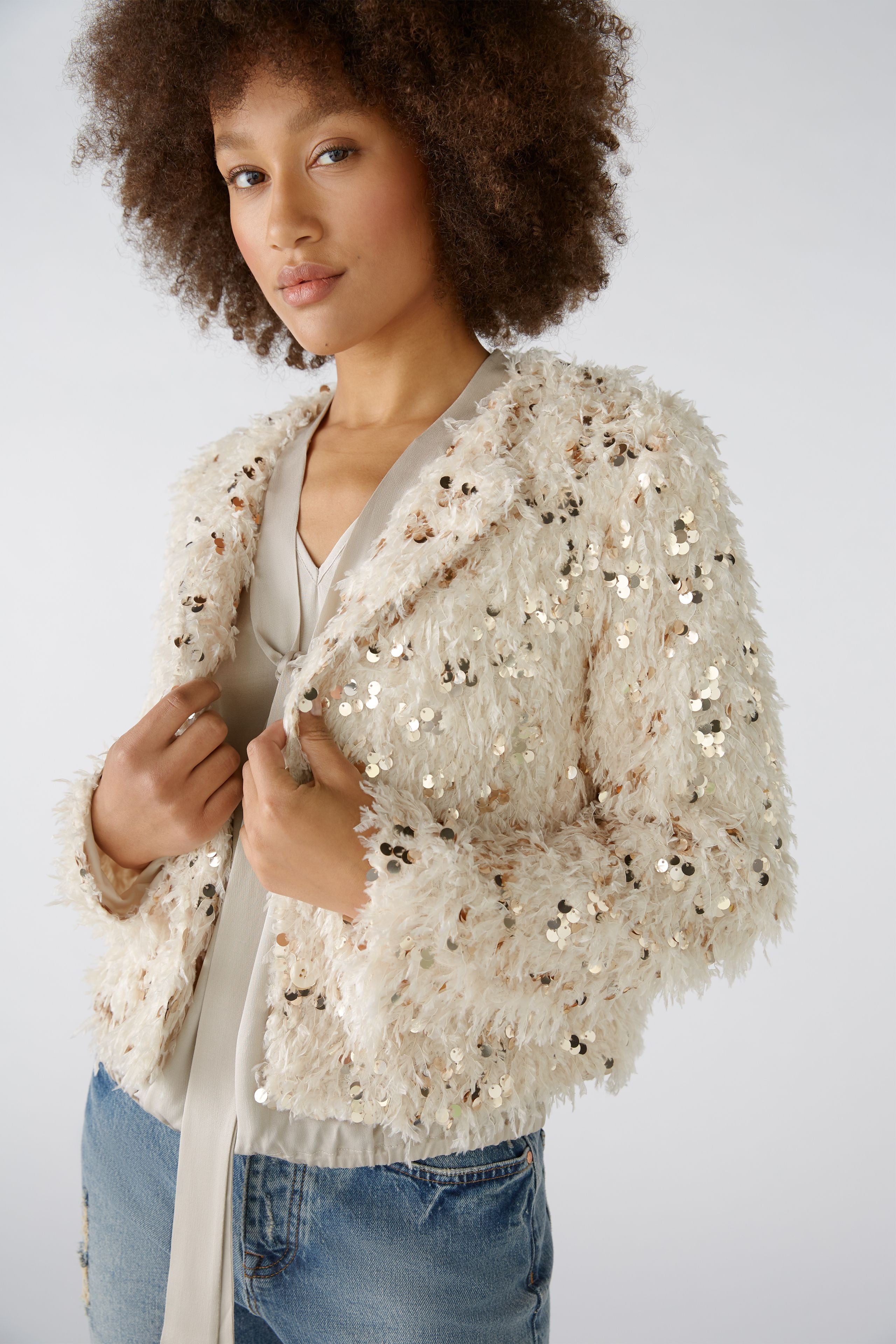 Oui Fluffy Sequin Jacket -CAMEL