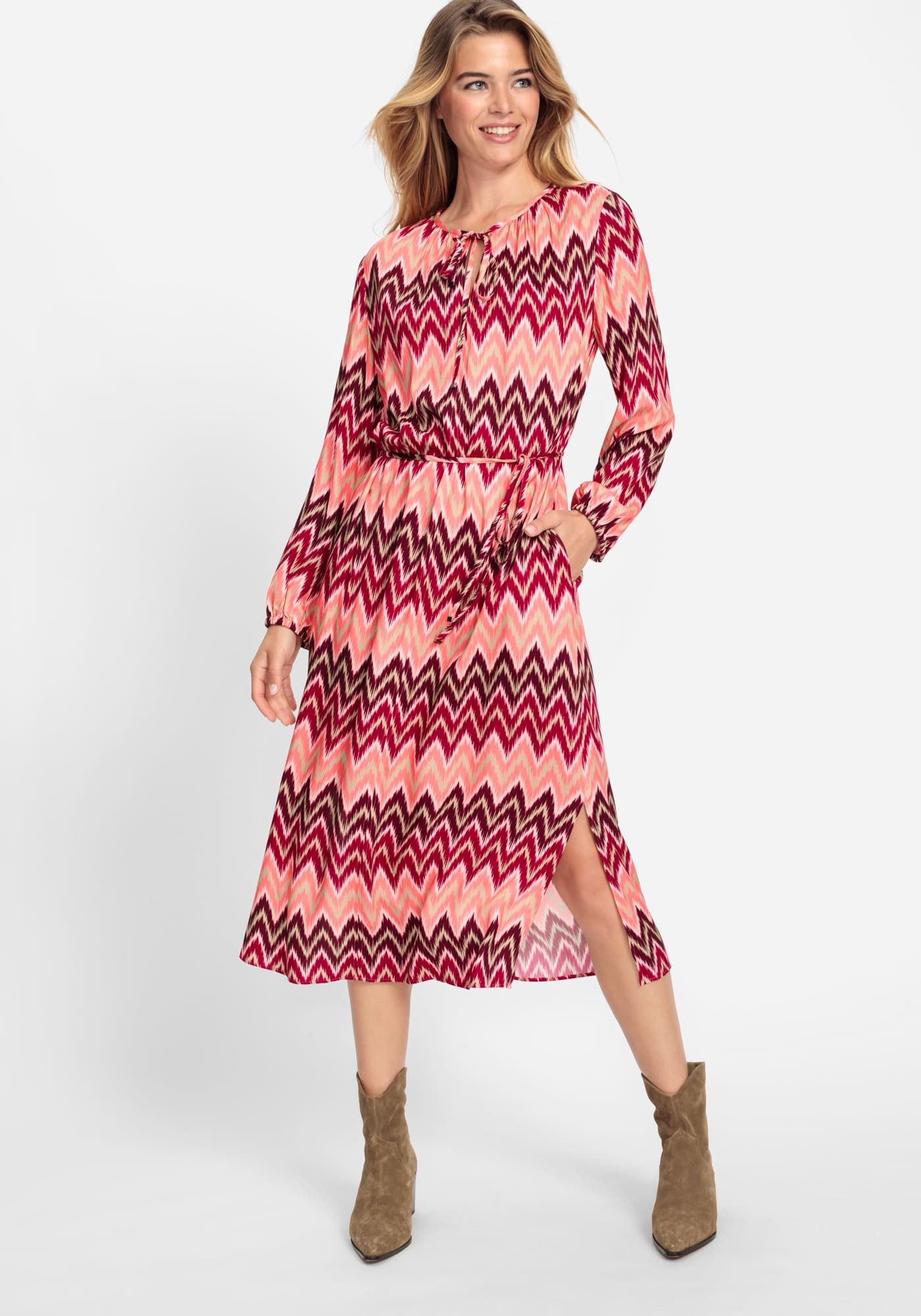 Olsen Zigzag Midi Dress -CORAL