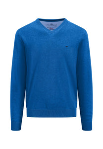 Fynch Hatton Classic V-Neck Cotton Sweater Blue