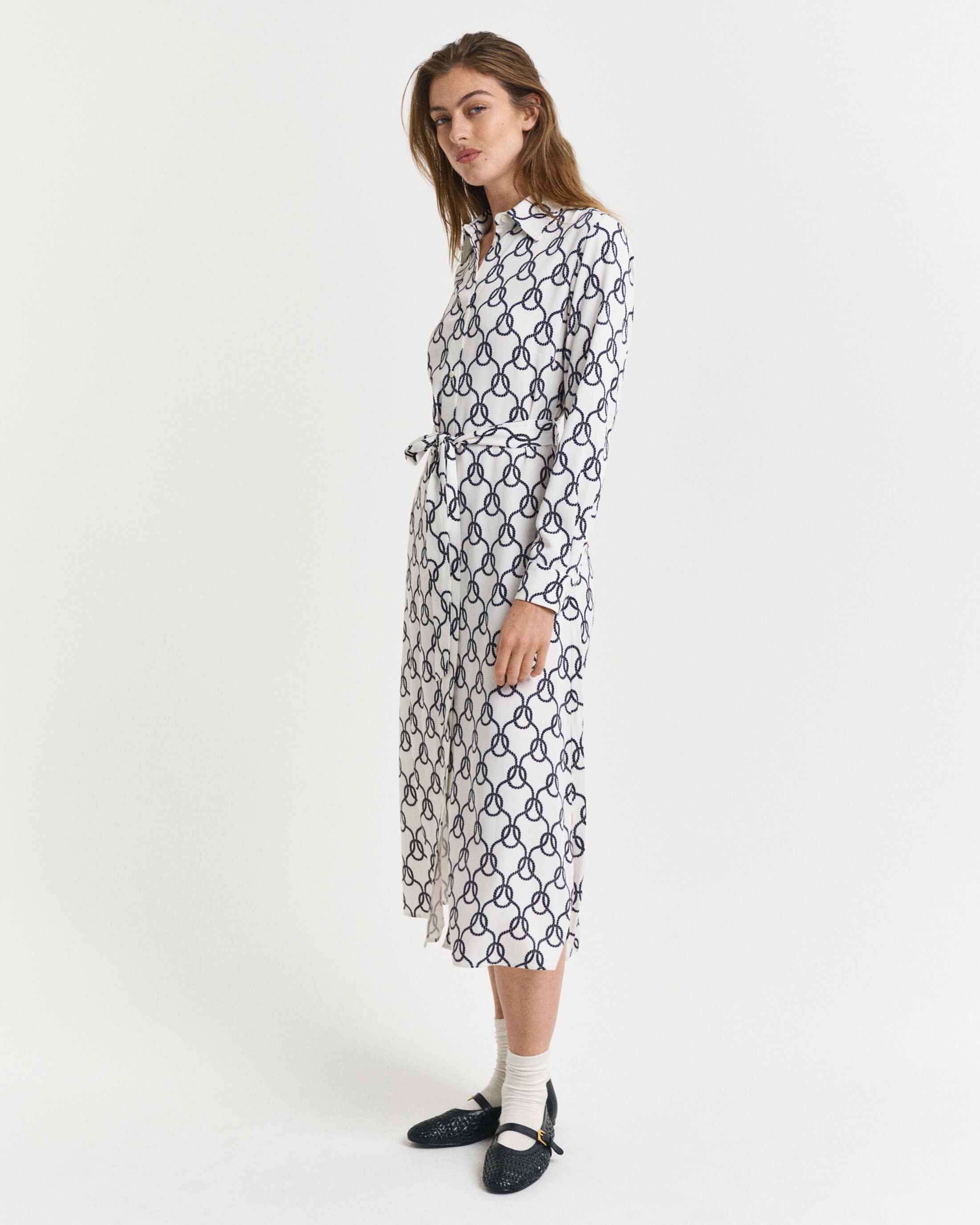 White Rope Print Shirt Dress