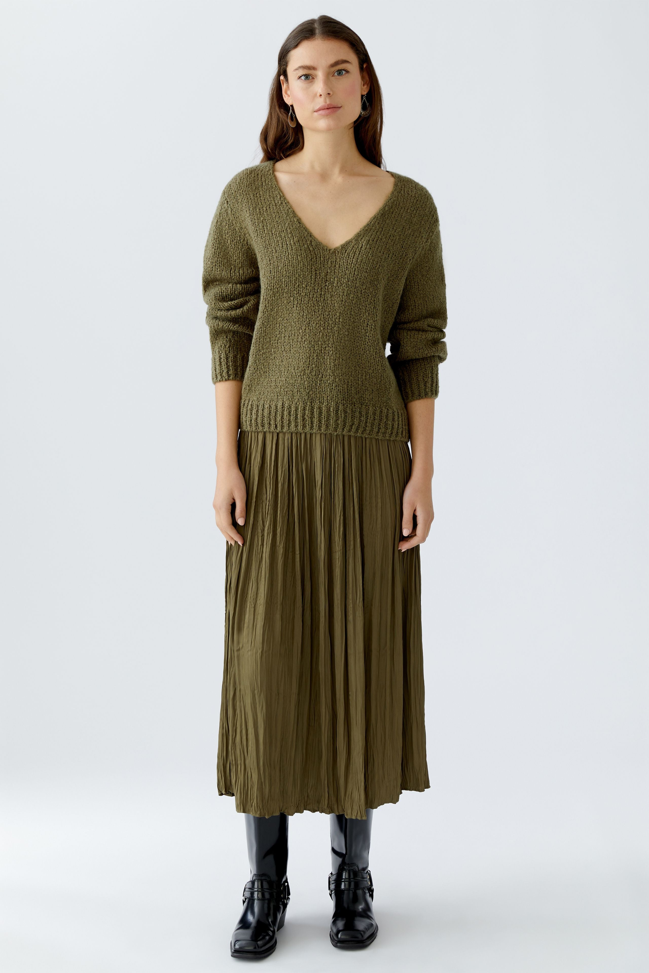 Olive Crinkle Look Midi Skirt