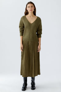 Olive Crinkle Look Midi Skirt