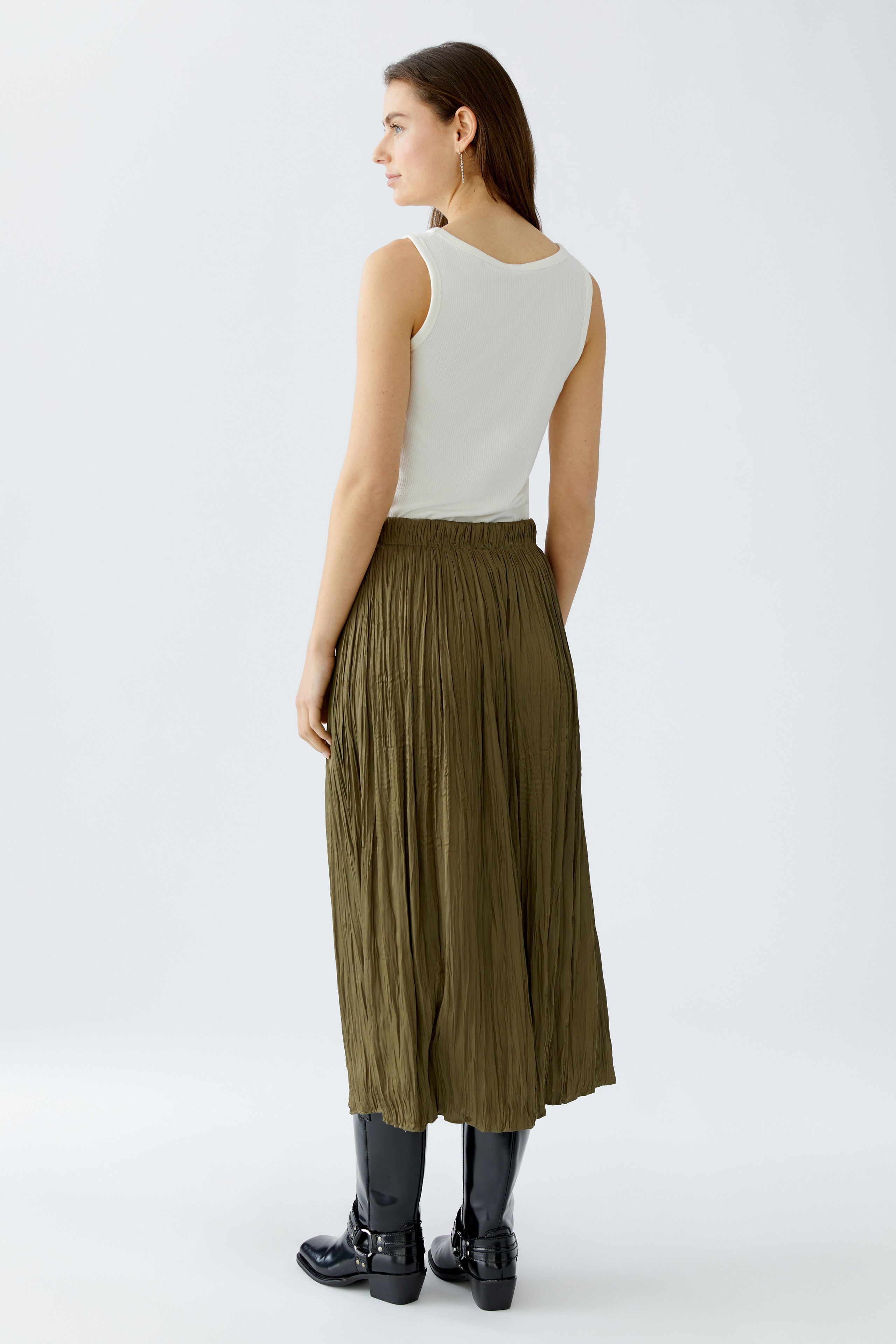 Olive Crinkle Look Midi Skirt