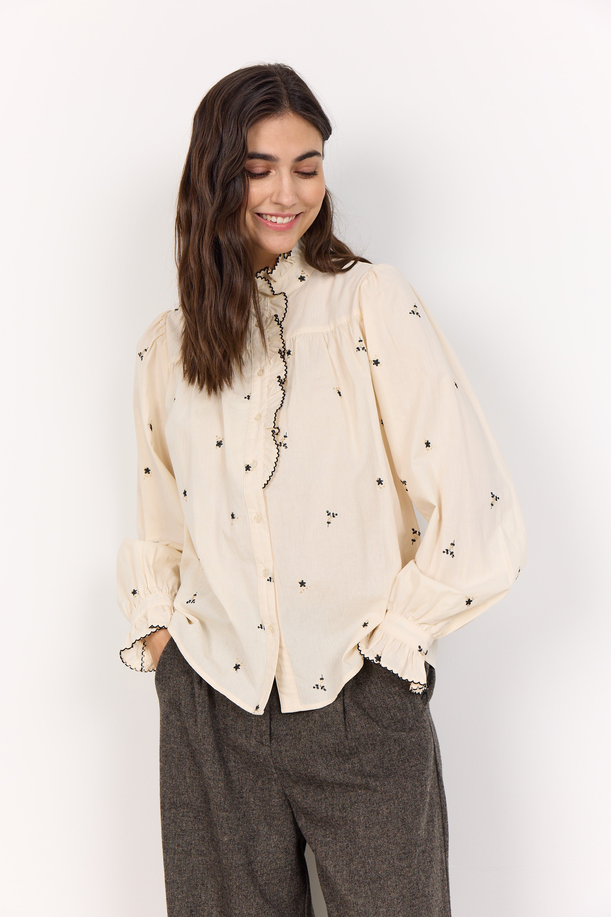 Cream Embroidered Floral Shirt