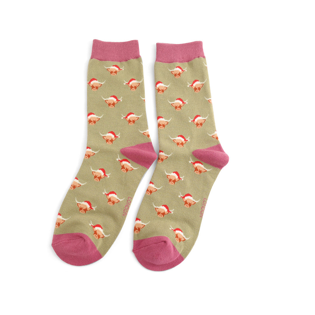 Green Christmas Highland Cow Socks