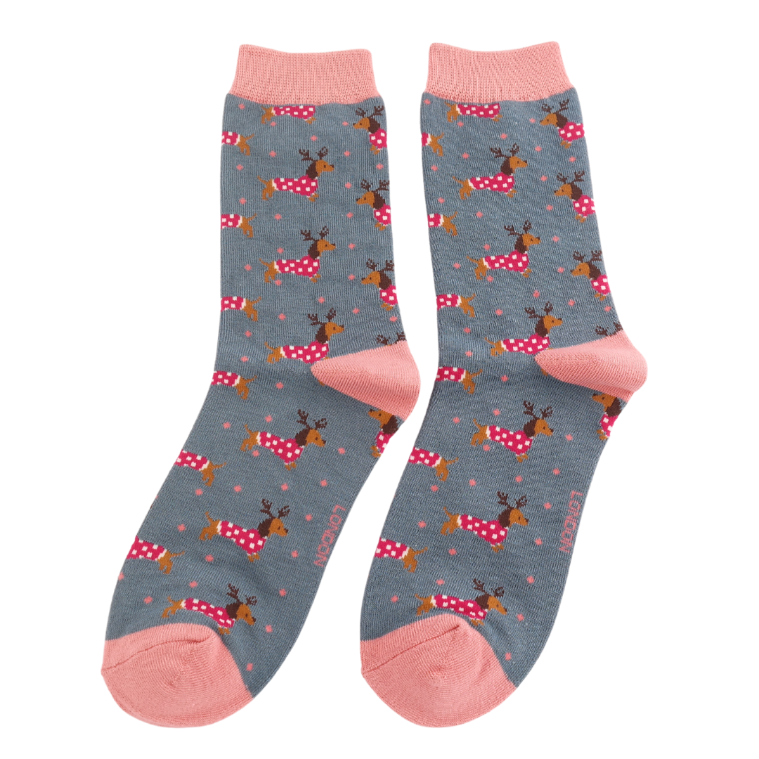Denim Sausage Dog Christmas Socks