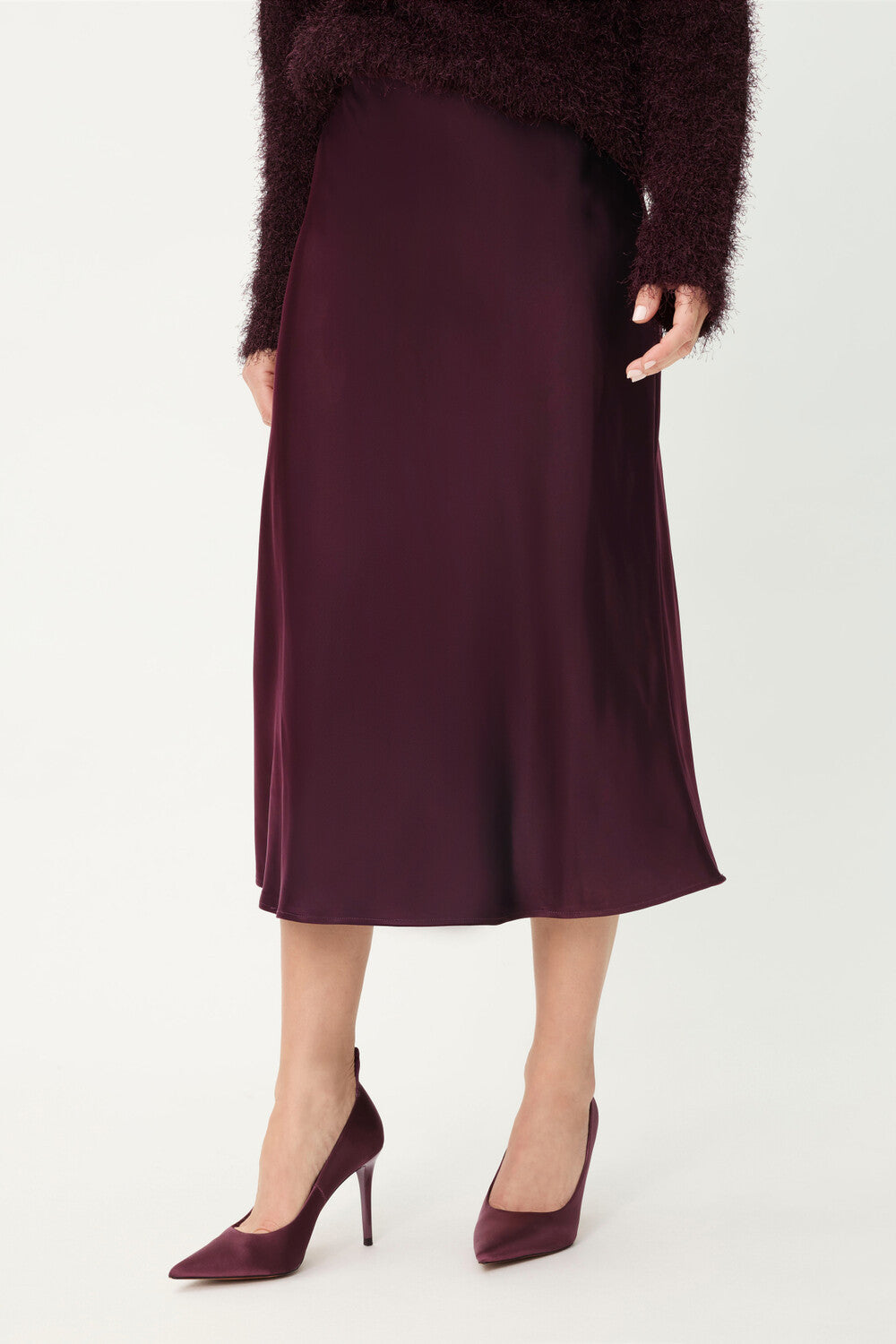 Wine Satin Midi Skirt