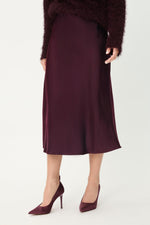 Load image into Gallery viewer, Wine Satin Midi Skirt
