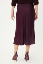 Load image into Gallery viewer, Wine Satin Midi Skirt
