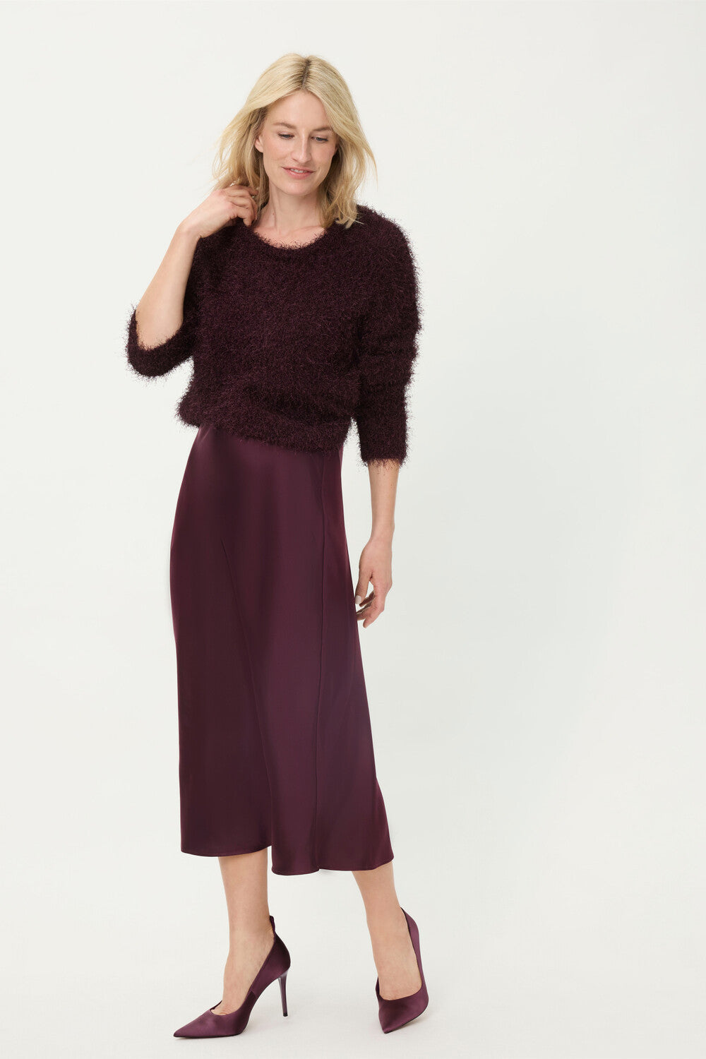 Wine Satin Midi Skirt