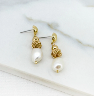 Knot & Pearl Dropped Earrings - Gold