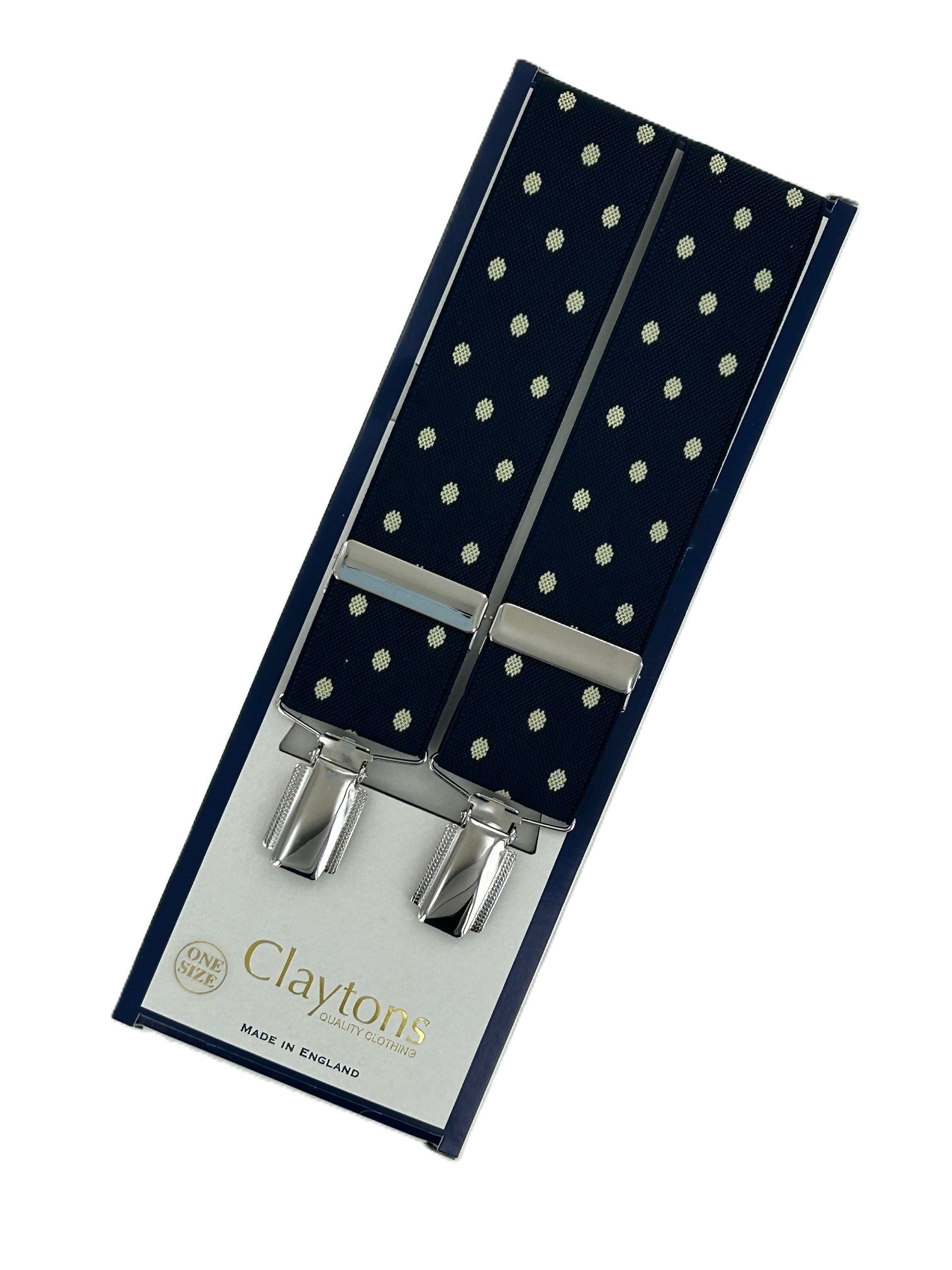 Classic Clip On Navy Beige Polka Dot Braces