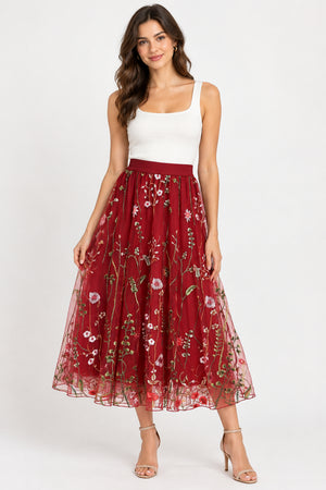 Red Embroidered Tulle Skirt