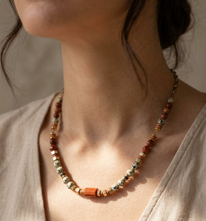 Dalmatian Jasper & Sandstone Barrel Drop Necklace