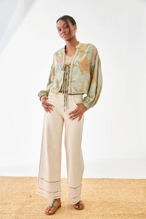 Ecru Openwork Bell Bottom Jeans