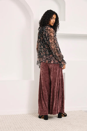 Black Printed Ruffled Tulle Blouse