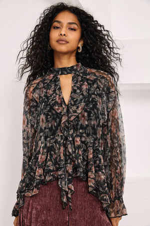 Black Printed Ruffled Tulle Blouse
