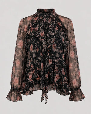 Black Printed Ruffled Tulle Blouse