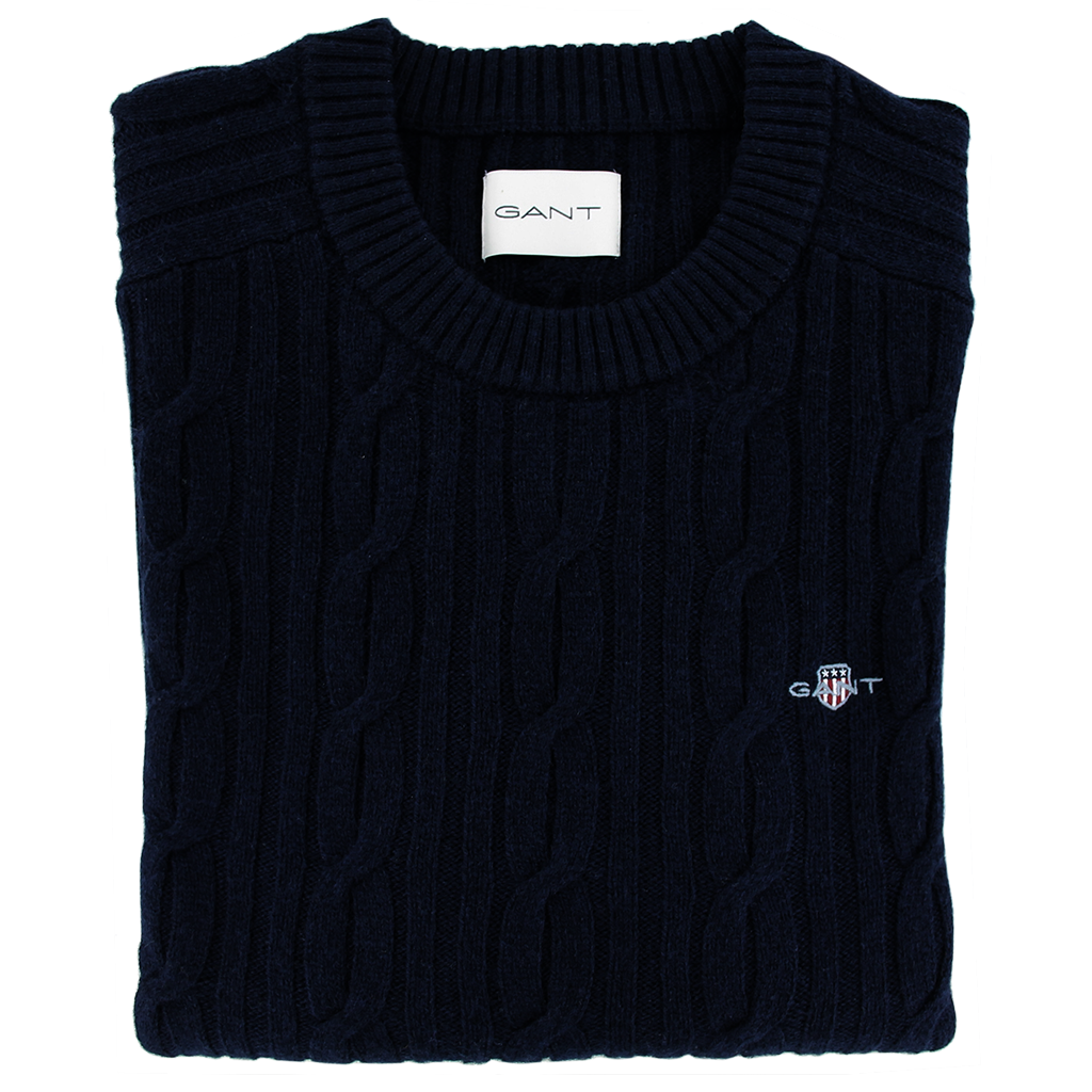 Gant Lambswool Cable Knit Crew Neck Sweater Navy Claytons
