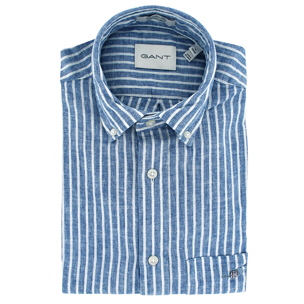 Gant Regular Fit Cotton Linen Short Sleeve Shirt Blue