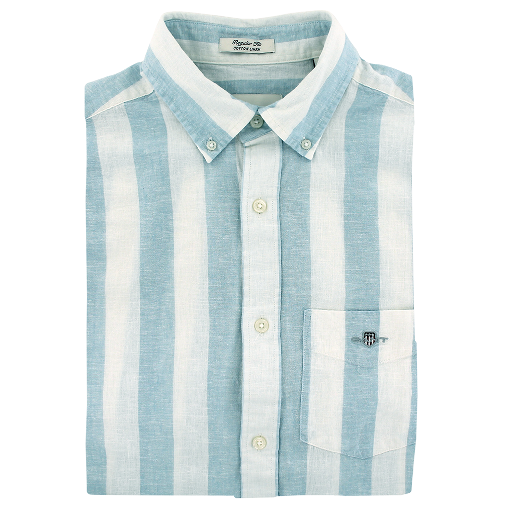 Gant Regular Fit Cotton Linen Short Sleeve Stripe Shirt Blue