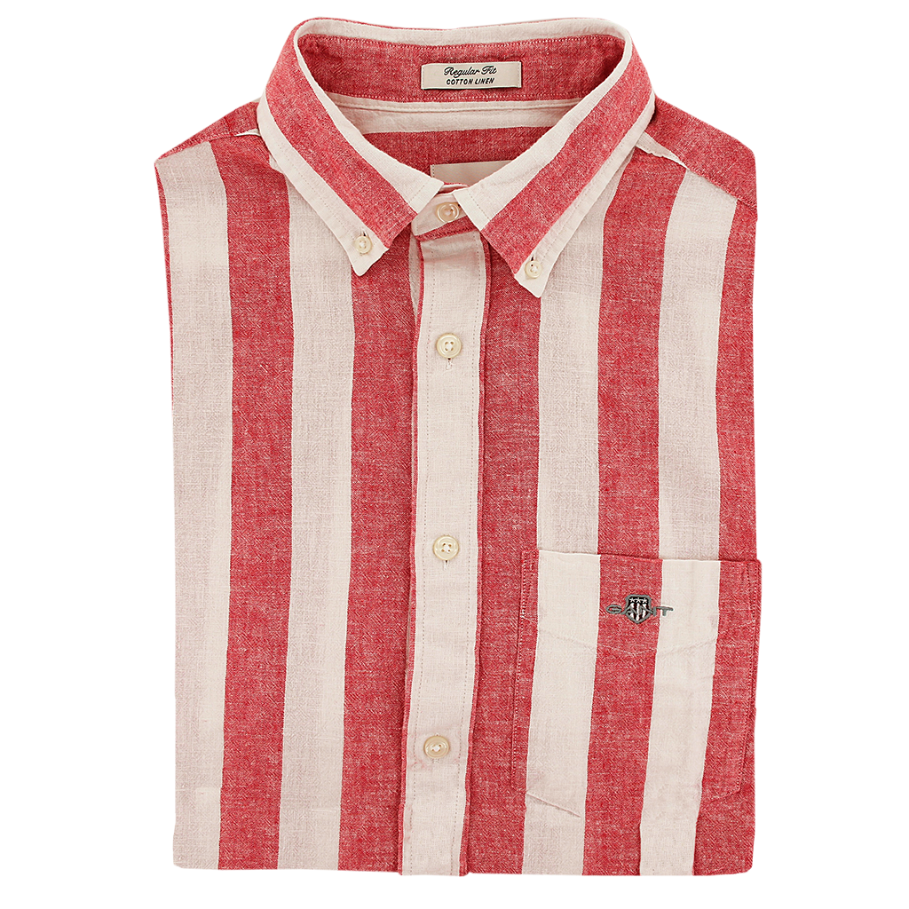 Gant Regular Fit Cotton Linen Short Sleeve Stripe Shirt Red