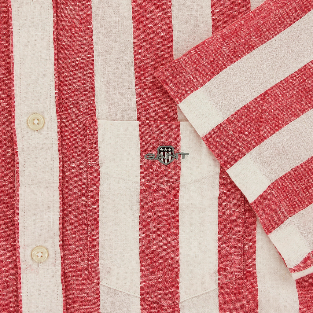 Gant Regular Fit Cotton Linen Short Sleeve Stripe Shirt Red