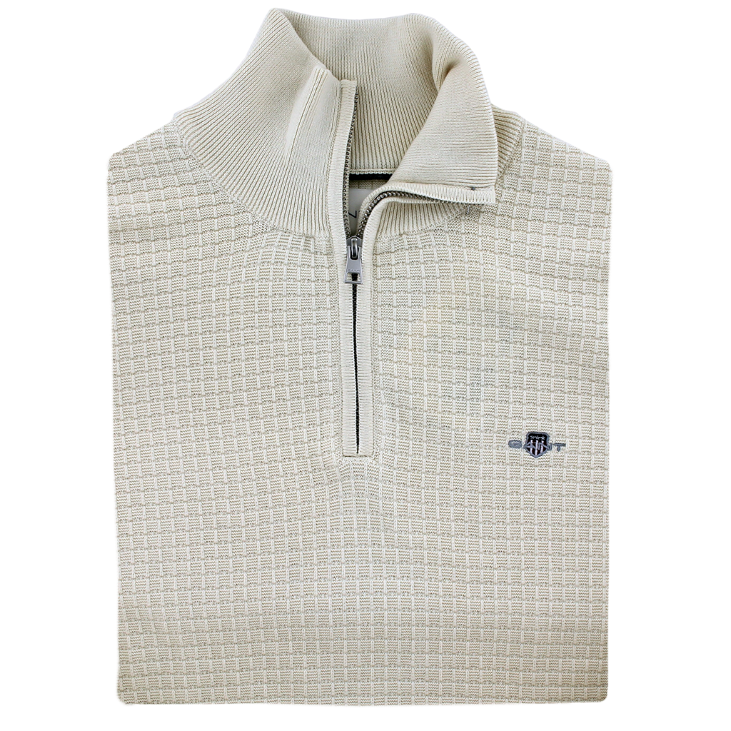 Gant Textured Cotton Half Zip Sweater Cream