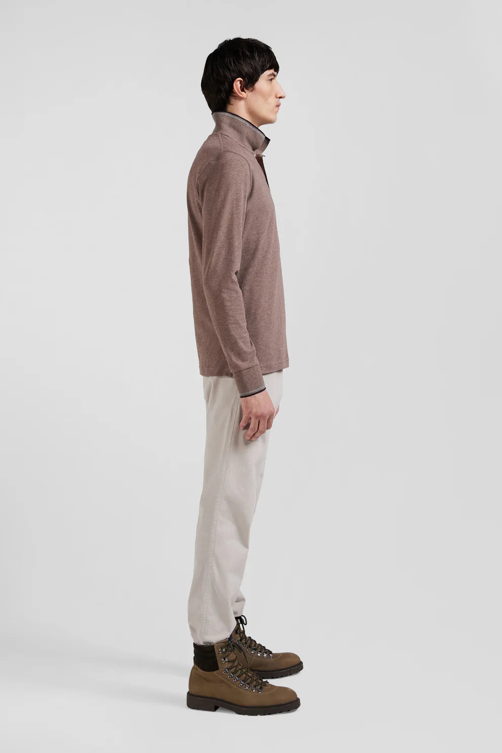 Eden Park Contrast Trimming Long Sleeve Polo Shirt Mocha