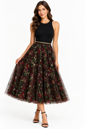 Wine Floral Tulle Skirt