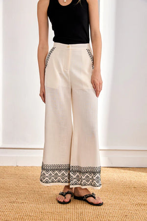Ivory Contrast Embroidered Trousers