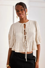 Load image into Gallery viewer, Ivory Pinstripe and Ties Blouse
