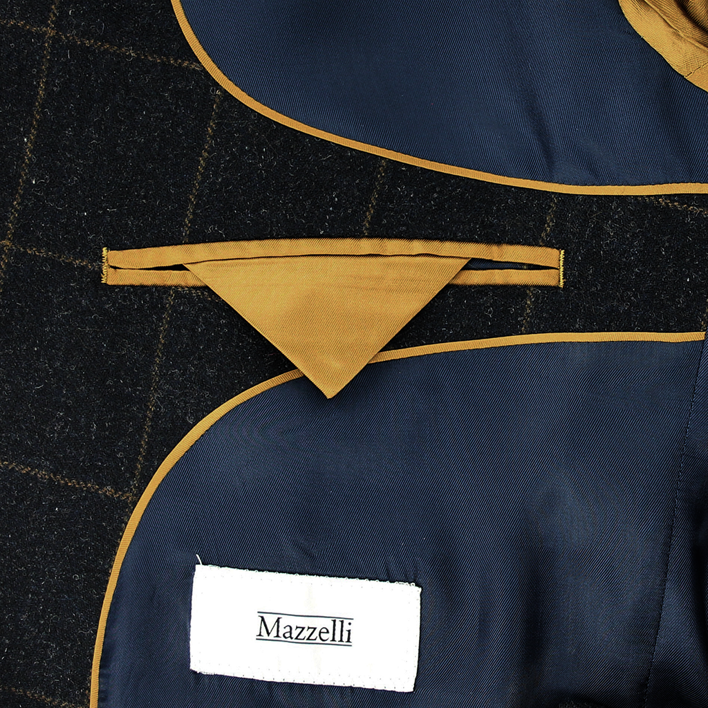 Mazzelli Navy Wool Jacket Camel Overcheck Long Length