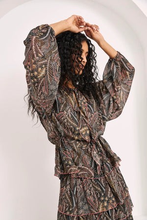 Grey Printed Ruffled Blouse