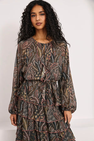 Grey Printed Ruffled Blouse