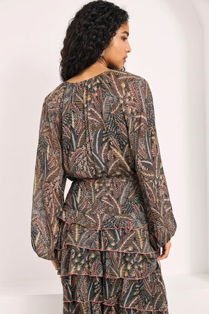 Grey Printed Ruffled Blouse