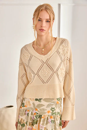 Ecru Open Diamond Pattern Sweater