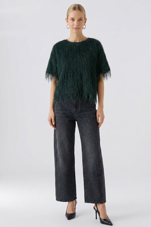 Green Fringed Short Sleeve Blouse