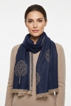Navy Tree Design Reversible Scarf