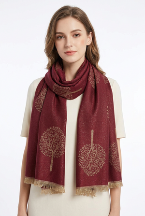Burgundy Tree Design Reversible Scarf