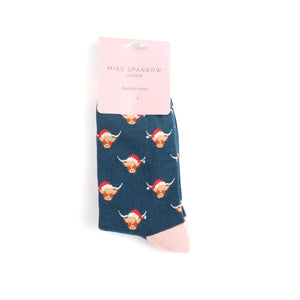 Navy Xmas Highland Cows Socks