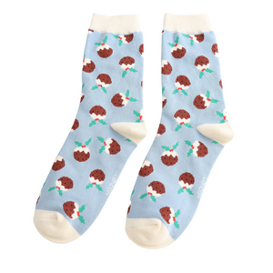 Blue Christmas Puddings Socks Powder